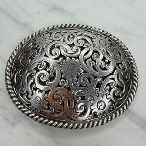 Silver Tone Oval Floral Scroll Belt Buckle Rope Edge Western Style ✨